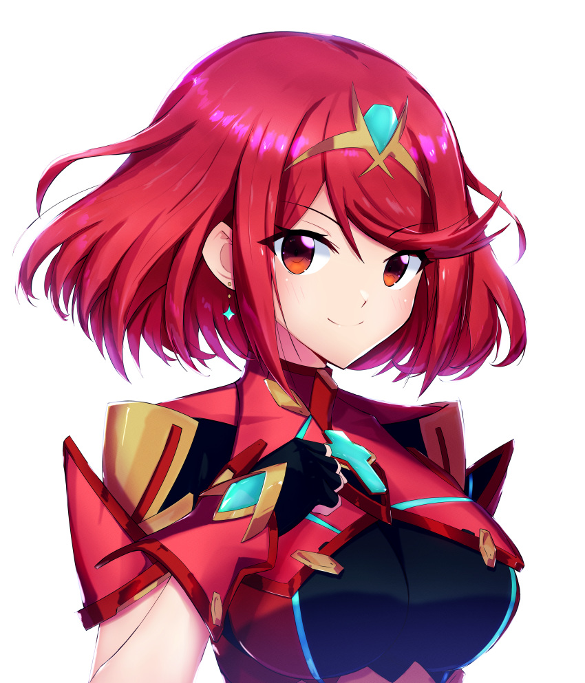 absurdres black_gloves bob_cut breasts chest_jewel circlet closed_mouth core_crystal_(xenoblade) drop_earrings earrings female fingerless_gloves gloves highres impossible_clothes jewelry large_breasts looking_at_viewer pyra_(xenoblade) red_eyes red_hair short_hair short_sleeves simple_background smile solo split_mouth swept_bangs tsukinaga upper_body white_background xenoblade_chronicles_(series) xenoblade_chronicles_2