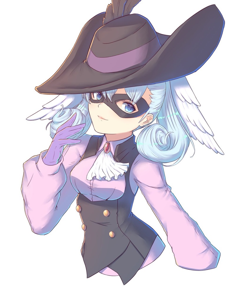 ascot black_headwear blue_eyes cat_with_a_brush closed_mouth commentary_request corset cosplay cropped_torso curly_hair female gloves grey_hair highres long_sleeves looking_at_viewer mask melia_antiqua okumura_haru okumura_haru_(cosplay) persona persona_5 purple_gloves shirt smile solo upper_body vest white_ascot xenoblade_chronicles_(series) xenoblade_chronicles_1