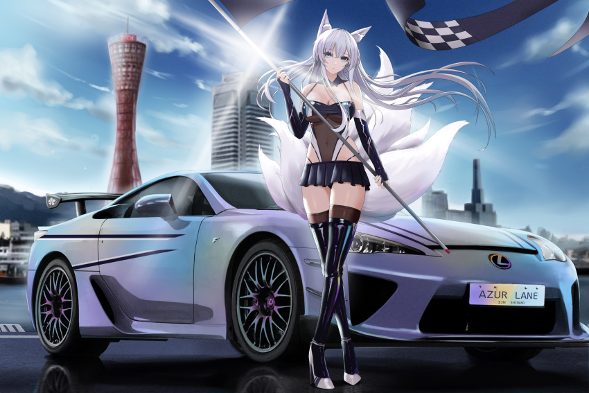 absurdres animal_ear_fluff animal_ears azur_lane backless_leotard blue_eyes blue_gloves blue_sky blue_thighhighs boots breasts bridal_gauntlets brown_thighhighs building car character_name checkered_flag checkered_leotard city cityscape cleavage cloud cloudy_sky commentary copyright_name country_connection covered_navel cross-laced_clothes cross-laced_legwear crossed_legs day elbow_gloves eyelashes female flag fox_ears fox_girl fox_tail full_body gloves high_heels highleg highleg_leotard highres holding holding_flag impossible_clothes impossible_leotard japan kcar66t kitsune kobe kobe_port_tower large_breasts latex latex_gloves latex_legwear leotard lexus lexus_lfa license_plate long_hair microskirt motor_vehicle multiple_tails no_bra official_alternate_costume outdoors pleated_skirt product_placement race_queen real_world_location revealing_clothes sakura_empire_(emblem) see-through see-through_leotard shinano_(azur_lane) shinano_(moonlit_chrome)_(azur_lane) shiny_clothes shiny_skin sidelocks skindentation skirt sky spaghetti_strap spoiler_(automobile) standing strappy_heels tail taut_leotard thighhighs thighhighs_under_thighhighs thighs underboob vehicle_focus very_long_hair watson_cross white_footwear white_hair white_tail wind wind_lift