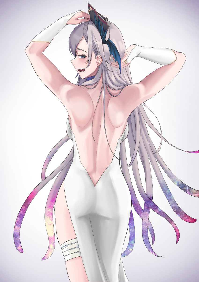 absurdres arms_up back backless_dress backless_outfit bandaged_leg bandages black_hat blue_eyes breasts bridal_gauntlets bright_pupils dress female grey_hair hat highres horizontal_pupils indie_virtual_youtuber kuon_bb long_hair median_furrow mole mole_under_mouth open_mouth pochimaru_(vtuber) pochimaru_(vtuber)_(4th_costume) sharp_teeth side_slit solo teeth tentacle_hair virtual_youtuber white_bridal_gauntlets white_dress white_pupils