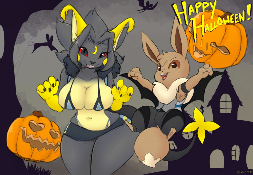 anthro artz artz_(eevee) big_breasts bra breasts brown_sclera clothing curvy_figure eevee featureless_crotch female feral halloween halloween_decoration holidays kuroodod kuroodod_(fursona) male nintendo pokémon_(species) pokemon raichu red_sclera text underwear video_games