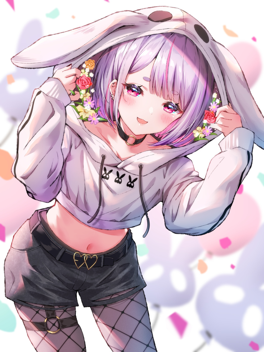 :d absurdres animal_ears animal_hood belt black_choker black_pantyhose black_shorts cattleya_regina_games choker cowboy_shot crop_top drawstring ear_piercing fake_animal_ears female fishnet_pantyhose fishnets flower hands_up highres hood hoodie leaning_forward looking_at_viewer midriff multicolored_hair navel pantyhose piercing purple_eyes rabbit_ears short_hair short_shorts shorts smile solo standing stomach streaked_hair thick_eyebrows toki_(toki_ship8) tosaki_mimi tosaki_mimi_(3rd_costume) virtual_youtuber vspo! white_hair white_hoodie