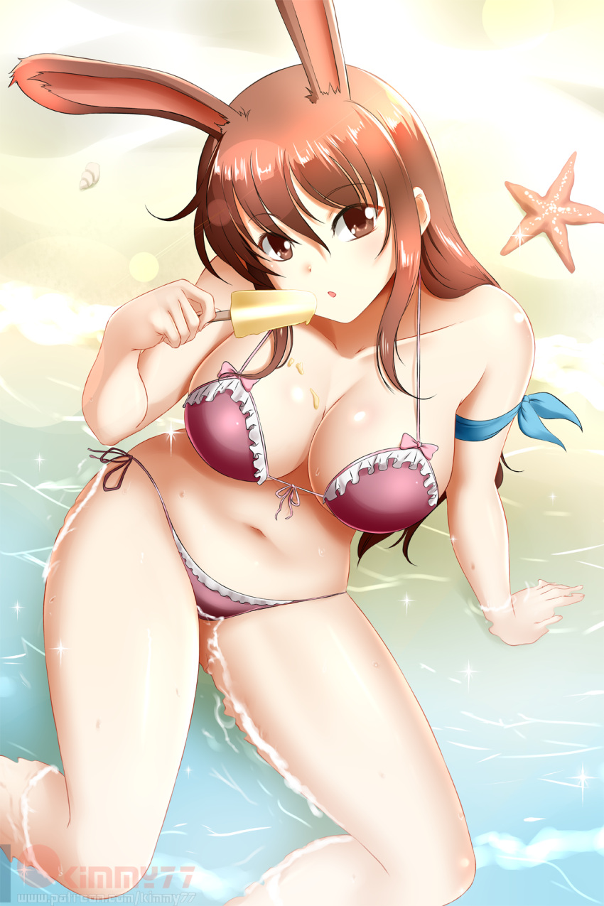 animal_ears bikini bunny_ears cream kimmy77 rwby swimsuits velvet_scarlatina wet