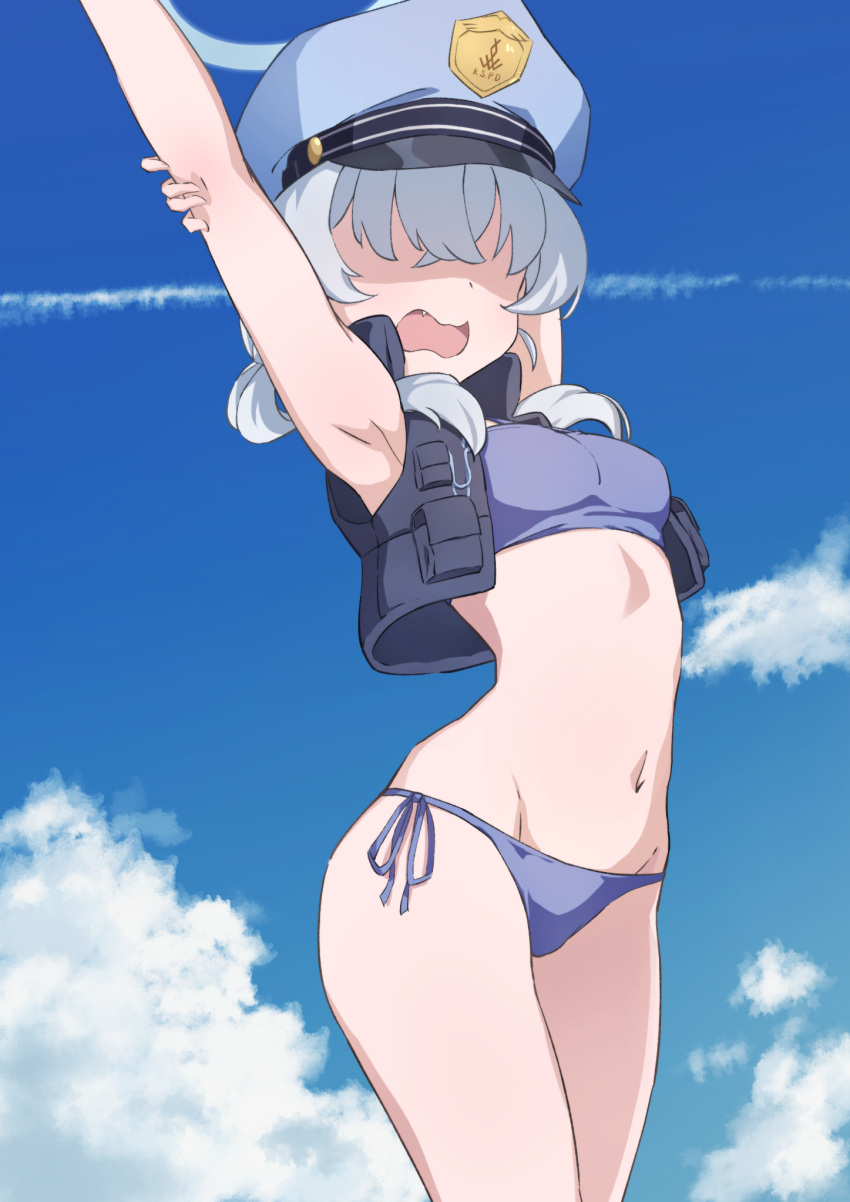 arm_up armpits arms_up bare_arms bare_shoulders bikini blue_archive blue_bikini blue_hat blue_sky blush breasts cloud commentary_request cowboy_shot day female grey_hair groin hair_between_eyes halo hat highres jacket matsu520 md5_mismatch navel open_mouth outdoors peaked_cap presenting_armpit resolution_mismatch revision side-tie_bikini_bottom sky small_breasts solo source_smaller standing stomach swimsuit valkyrie_police_academy_student_(blue_archive) valkyrie_police_academy_student_(sg)_(blue_archive)