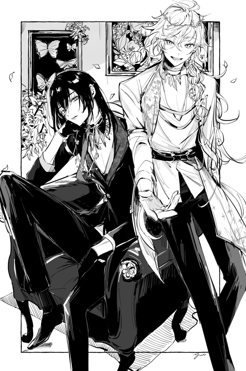 2boys alternate_hairstyle bug butterfly chair fate/grand_order fate_(series) flower gloves greyscale highres long_hair long_sleeves looking_at_viewer male_focus merlin_(fate) merlin_(overnight_dream)_(fate) monochrome multiple_boys oberon_(fate) oberon_(overnight_dream)_(fate) official_alternate_costume petals sitting sitting_on_object spoilers yui_(linaw-key08)