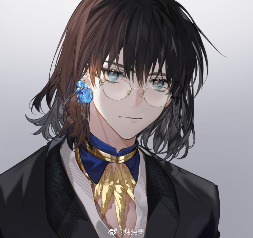 1boy arlizi black_jacket blue_eyes chinese_commentary closed_mouth earrings fate/grand_order fate_(series) flower_earrings glasses gradient_background grey_background highres jacket jewelry long_hair looking_at_viewer male_focus medium_hair oberon_(fate) oberon_(overnight_dream)_(fate) official_alternate_costume shirt single_earring solo spoilers upper_body weibo_logo weibo_watermark white_shirt