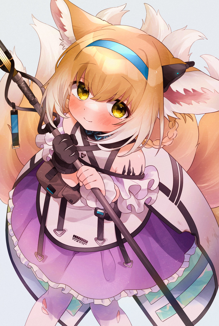 absurdres animal_ear_fluff animal_ears arknights bare_shoulders black_gloves blonde_hair blue_hairband blush braid braided_hair_rings closed_mouth commentary_request female fox_ears fox_girl fox_tail frilled_skirt frills gloves gradient_hair grey_background hair_between_eyes hair_rings hairband highres holding infection_monitor_(arknights) kitsune looking_at_viewer material_growth multicolored_hair oripathy_lesion_(arknights) pantyhose purple_skirt shirt single_glove skirt smile solo standing suzuran_(arknights) tail takumi_mizuki torn_clothes torn_pantyhose twin_braids white_hair white_pantyhose white_shirt wrist_cuffs yellow_eyes