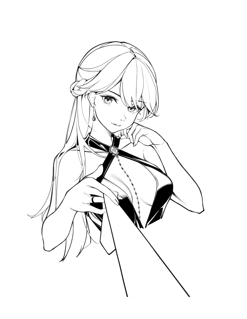 absurdres bare_shoulders braid breasts chinese_commentary collarbone commentary_request dress earrings female french_braid girls'_frontline greyscale gu_da_yu halter_dress halterneck hand_on_own_cheek hand_on_own_face highres jewelry long_hair looking_at_viewer medium_breasts monochrome necktie necktie_grab neckwear_grab official_alternate_costume open_mouth ots-14_(girls'_frontline) ots-14_(ruler_of_the_banquet)_(girls'_frontline) parted_lips pov ring solo upper_body white_background