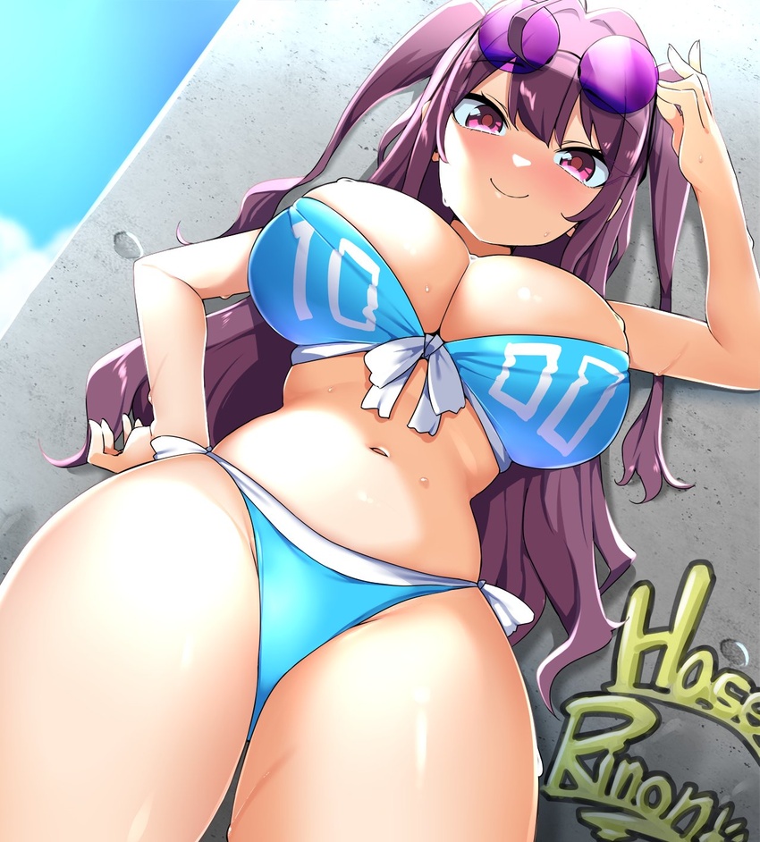 against_wall bebebe_(pepegakii) bikini blush breasts character_name cleavage cloud female graffiti hand_on_own_hip hase_rinon highres large_breasts oppai_loli purple_hair red_eyes swimsuit tama_project thick_thighs thighs twintails virtual_youtuber wall