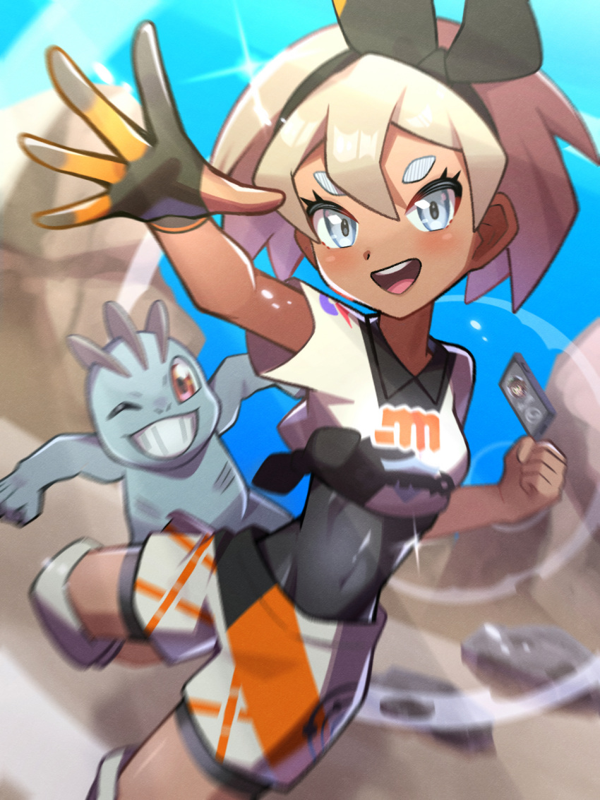 :d bea_(pokemon) black_bodysuit black_hairband blonde_hair blurry bodysuit bodysuit_under_clothes bow_hairband cellphone clenched_hand collared_shirt commentary_request covered_navel day depth_of_field female gloria_(pokemon) gloves grey_eyes hairband highres inana_umi knee_pads leg_up looking_at_viewer machop open_mouth outdoors partially_fingerless_gloves phone pokemon pokemon_(creature) pokemon_swsh print_shirt print_shorts shirt short_hair short_sleeves shorts side_slit side_slit_shorts single_glove smile spread_fingers teeth tongue upper_teeth_only