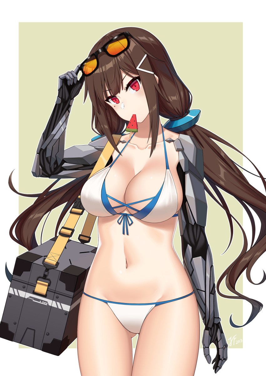 absurdres adjusting_eyewear bag bikini breasts brown_hair cleavage collarbone eyewear_on_head female food food_in_mouth fruit girls'_frontline hand_on_eyewear highres jiafei2o3 js_9_(girls'_frontline) js_9_(orca's_journey)_(girls'_frontline) long_hair looking_at_viewer mechanical_arms medium_breasts mole mole_under_eye mouth_hold navel official_alternate_costume popsicle red_eyes simple_background single_mechanical_arm solo sunglasses swimsuit watermelon_bar white_bikini