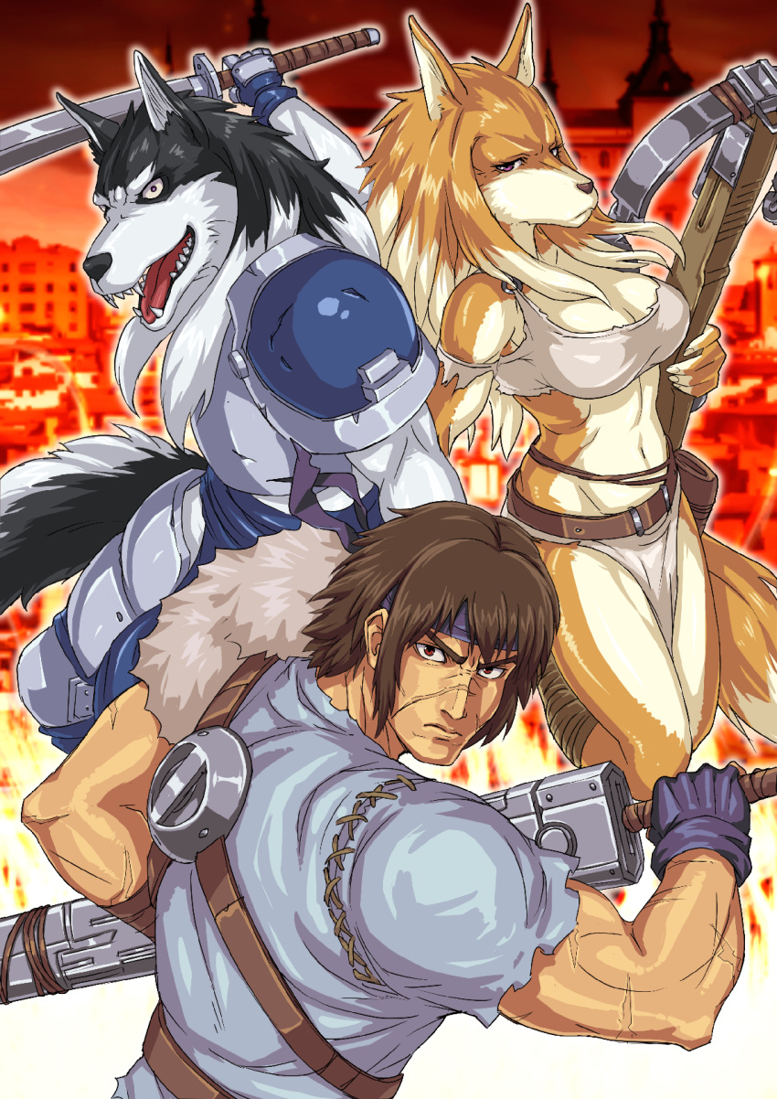 ain_macdougal anthro blue_clothing bottomwear breasts brian_stelbart canid canine canis clothed clothing crossbow dora_systeel fangs feda:_the_emblem_of_justice female fox fur group hair hi_res holding_crossbow holding_melee_weapon holding_object holding_sword holding_weapon honma_(artist) human leg_wraps loincloth looking_at_viewer male mammal melee_weapon muscular muscular_male navel open_mouth ranged_weapon scar sharp_teeth shoulder_guard sword teeth tongue weapon wolf wraps