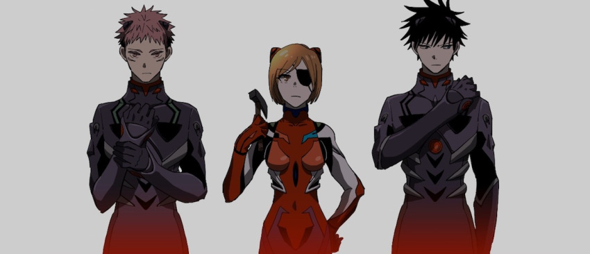 2boys akawo bad_id bad_pixiv_id black_hair bodysuit brown_eyes brown_hair claw_hammer cosplay evangelion:_3.0_you_can_(not)_redo expressionless eyepatch female frown fushiguro_megumi hammer holding holding_hammer ikari_shinji ikari_shinji_(cosplay) interface_headset itadori_yuuji jujutsu_kaisen kugisaki_nobara multiple_boys nagisa_kaworu nagisa_kaworu_(cosplay) neon_genesis_evangelion orange_eyes orange_hair pilot_suit plugsuit purple_bodysuit rebuild_of_evangelion red_bodysuit science_fiction short_hair skin_tight souryuu_asuka_langley souryuu_asuka_langley_(cosplay) spiked_hair