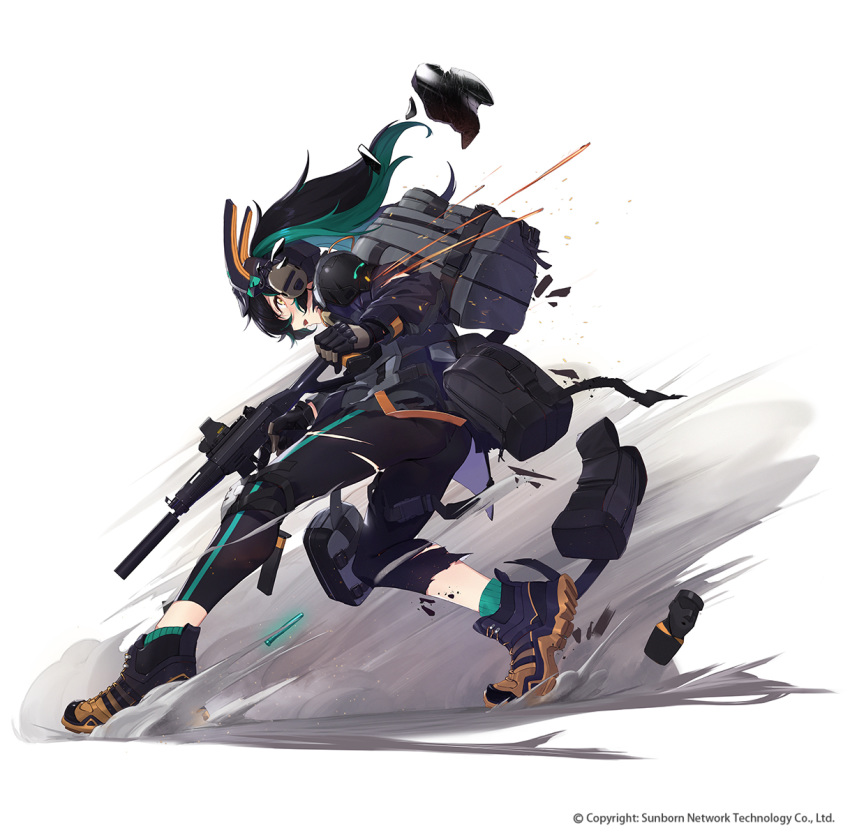 black_hair colored_shoe_soles commentary_request damaged female girls'_frontline green_hair gun highres holding holding_gun holding_weapon long_hair multicolored_hair official_alternate_costume official_art ranyu saf_(girls'_frontline) saf_(mysterious_wayfarer_sa)_(girls'_frontline) solo twintails weapon