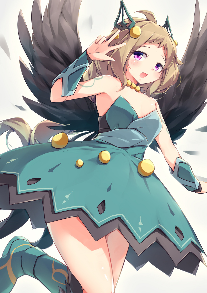 absurdres ahoge arm_tattoo bare_shoulders blush breasts duel_monster feathered_wings female hair_ornament highres hugin_the_runick_wings kanzakietc long_hair open_mouth purple_eyes skirt small_breasts solo tattoo w wings yu-gi-oh!