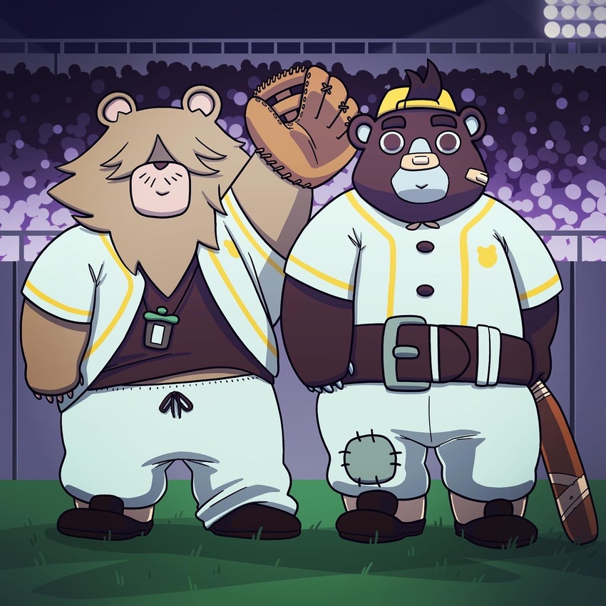 1:1 2020 anthro baseball_(sport) baseball_bat baseball_glove baseball_uniform bat_(object) bear bottomwear brand_new_animal brown_body brown_fur clothing detailed_background duo fur grizzly_bear_(brand_new_animal) hat headgear headwear hi_res male mammal mokajake outside pants shirt slightly_chubby sloth_bear_(brand_new_animal) sport sportswear studio_trigger topwear uniform