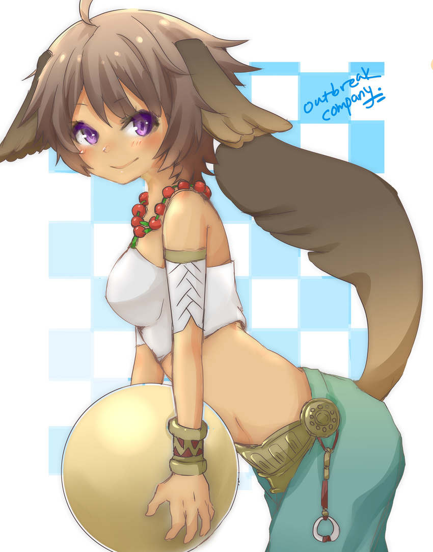 absurdres ahoge animal_ears bad_id bad_pixiv_id ball bracelet commentary_request crop_top elbia_hernaiman female highres jewelry kjula midriff necklace outbreak_company purple_eyes solo tail wolf_ears wolf_tail