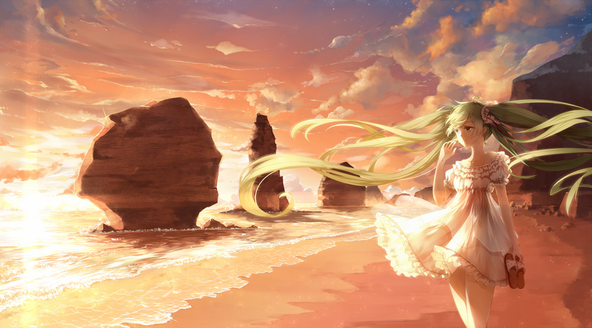 3000_xiao_chun australia beach cloud commentary_request dress female green_eyes green_hair hatsune_miku highres long_hair ocean outdoors puffy_short_sleeves puffy_sleeves scenery scrunchie shoes short_sleeves slippers solo sunset twintails unworn_shoes very_long_hair vocaloid white_dress wind