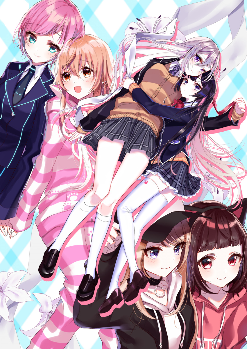 6+girls :d animal_ear_headphones animal_ears arm_up bad_id bad_pixiv_id black_footwear black_hair black_jacket black_necktie blazer blue_jacket blush breasts brown_cardigan brown_eyes brown_footwear brown_hair cardigan cat_ear_headphones cat_ears commentary drawstring fake_animal_ears flower frilled_skirt frills green_eyes grey_hair grey_skirt hair_between_eyes hair_down hair_ornament hair_ribbon hairclip headphones headphones_around_neck highres higuchi_kaede higuchi_kaede_(1st_costume) hood hood_down hooded_jacket hoodie ienaga_mugi ienaga_mugi_(1st_costume) jacket kmnz kneehighs light_brown_hair lily_(flower) loafers long_hair long_sleeves mc_lita mc_liz medium_breasts misumi_(macaroni) mole mole_under_eye multiple_girls necktie nijisanji open_clothes open_jacket open_mouth pants pink_hair pink_hoodie plaid plaid_background plaid_skirt pleated_skirt purple_eyes red_eyes red_ribbon ribbon shoes short_hair skirt smile socks striped_clothes striped_jacket striped_pants thighhighs tsukino_mito tsukino_mito_(1st_costume) very_long_hair virtual_youtuber white_flower white_hoodie white_legwear white_ribbon yuri yuuhi_riri yuuhi_riri_(1st_costume)