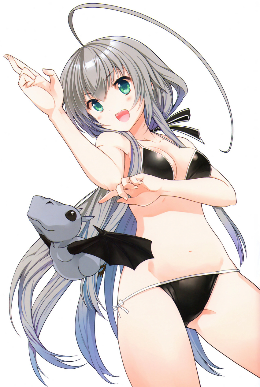 absurdres bikini black_bikini blush breasts cleavage collarbone dutch_angle female green_eyes grey_hair groin hair_between_eyes haiyore!_nyaruko-san highres koin_(foxmark) long_hair medium_breasts navel nyarlathotep_(nyaruko-san) open_mouth photoshop_(medium) scan shantak_(nyaruko-san) side-tie_bikini_bottom sidelocks simple_background solo standing swimsuit very_long_hair white_background wings