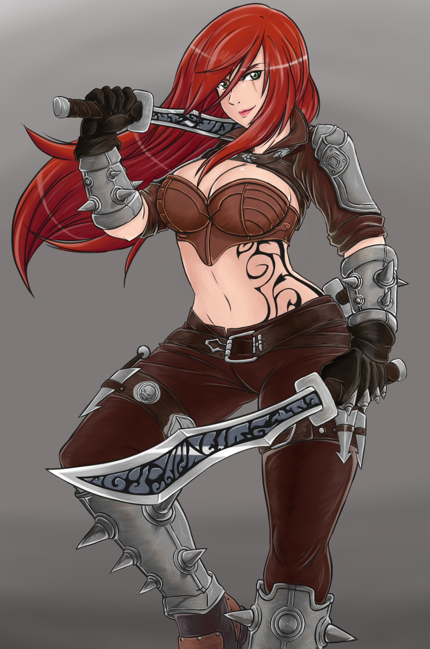 armor belt breasts cleavage commentary_request dual_wielding feet_out_of_frame female gauntlets gloves green_eyes high_collar highres holding holding_sword holding_weapon katarina_(league_of_legends) knife large_breasts league_of_legends leg_lift lips long_hair looking_at_viewer midriff navel over_shoulder pants patrickdja pauldrons red_hair scar scar_across_eye scar_on_face shoulder_armor smile solo spikes standing standing_on_one_leg stomach sword sword_over_shoulder tattoo weapon weapon_over_shoulder