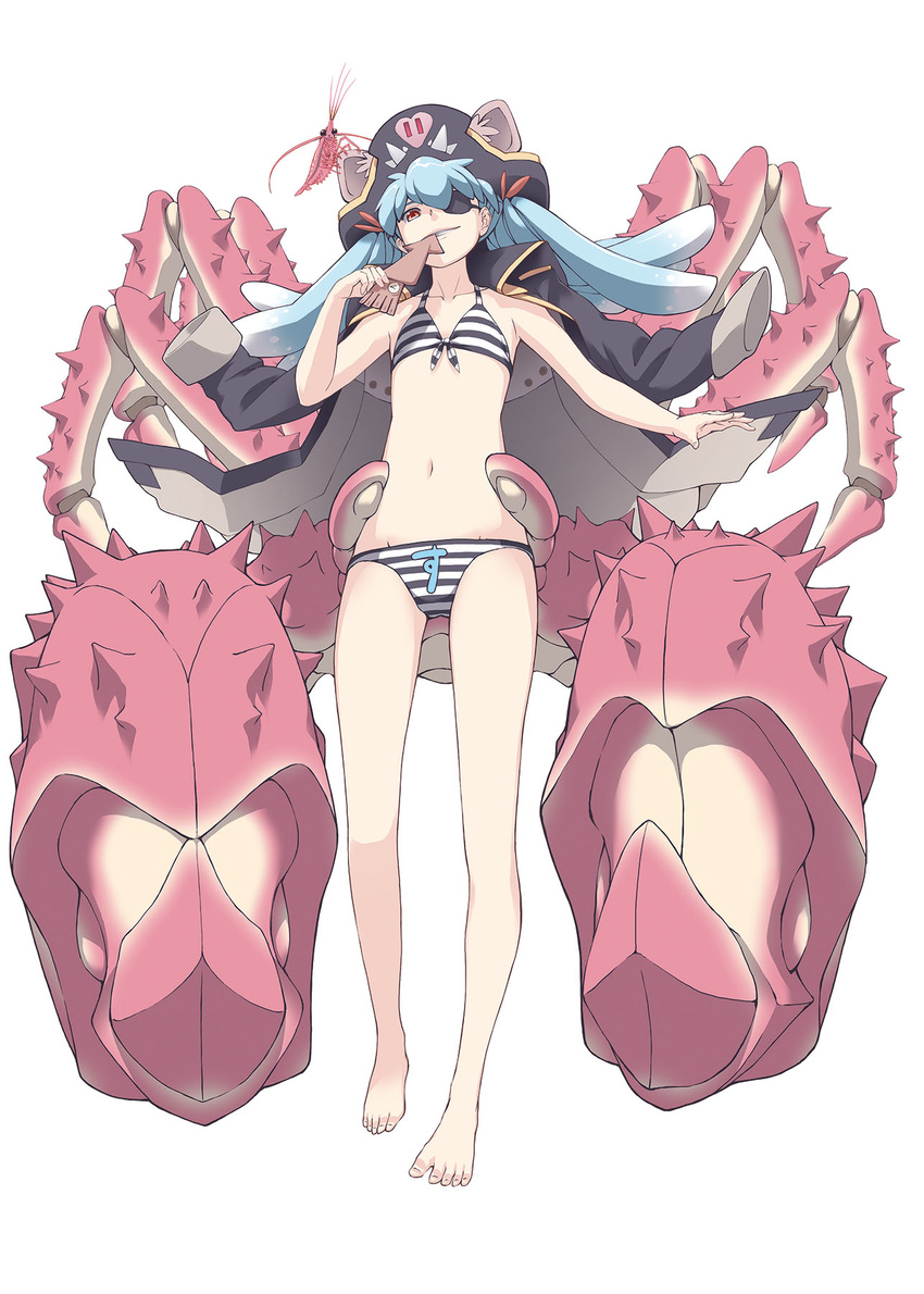 barefoot bikini biting blue_hair coat commentary_request crab eyepatch female flat_chest front-tie_top hat heroes_placement highres jacket jacket_on_shoulders long_hair navel noraico open_clothes open_coat original photoshop_(medium) pirate pirate_hat red_eyes shrimp solo squid striped_bikini striped_clothes swimsuit