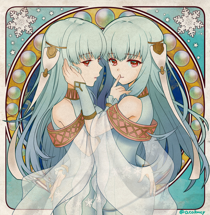 arm_around_waist artist_name bare_shoulders commentary_request dress dual_persona female finger_to_another's_mouth fingerless_gloves fire_emblem fire_emblem:_the_blazing_blade fire_emblem_heroes gloves grey_hair hair_ornament hand_on_another's_cheek hand_on_another's_face highres kumehara_chiyota long_hair looking_at_viewer ninian_(fire_emblem) orb profile red_eyes sash sleeveless smile snowflakes twitter_username upper_body