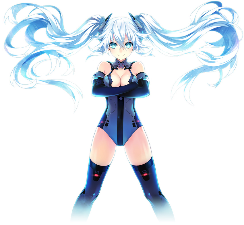 >:) aqua_eyes backlighting bare_shoulders black_gloves black_heart_(neptunia) blue_leotard breasts chou_megami_shinkou_noire_gekishin_black_heart cleavage cleavage_cutout clothing_cutout crossed_arms elbow_gloves female floating_hair gloves gradient grey_thighhighs gunbuster_pose halterneck leotard light_particles light_smile long_hair looking_at_viewer magical_girl medium_breasts neptune_(series) official_art power_symbol power_symbol-shaped_pupils smile solo standing symbol-shaped_pupils thighhighs transparent_background tsunako turtleneck twintails v-shaped_eyebrows white_hair