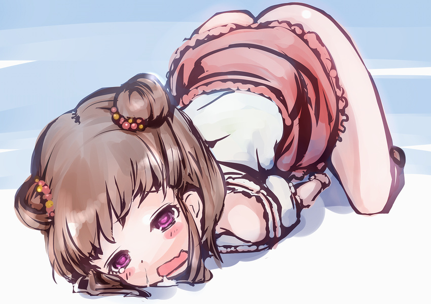 bad_id bad_pixiv_id blush brown_hair crying crying_with_eyes_open double_bun dress drooling female hair_bun idolmaster idolmaster_cinderella_girls munakata_atsumi no_panties purple_eyes solo tears top-down_bottom-up yummy_yoi