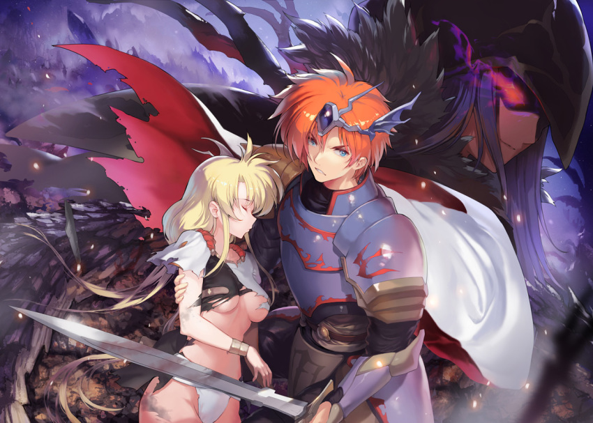 1boy armor bad_id bad_pixiv_id blonde_hair blue_eyes bozel_(langrisser) breasts cape circlet closed_eyes commentary_request elwin_(langrisser) female fur_trim gauntlets gem glowing glowing_eye helmet hugging_own_legs langrisser langrisser_ii leotard long_hair looking_at_viewer navel orange_hair purple_background purple_hair red_eyes riana_(langrisser) ritsuki serious short_sleeves smile sword teeth torn_clothes torn_leotard underboob weapon