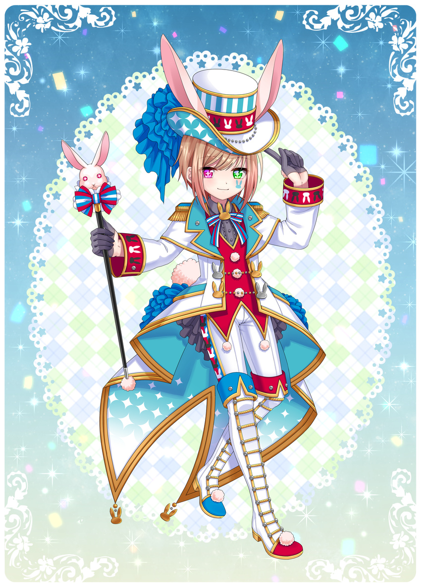 1boy absurdres animal_ears asymmetrical_footwear bad_id bad_pixiv_id bishounen black_gloves boots bow brown_hair epaulettes full_body gloves green_eyes hat heterochromia highres knee_boots looking_at_viewer male_focus mismatched_footwear multicolored_bow pants pocketland pom_pom_(clothes) print_headwear print_pants rabbit_ears rabbit_tail red_eyes smile solo sparkle standing striped striped_bow symbol-shaped_pupils tail top_hat totsuki_ryuna wand white_footwear white_pants