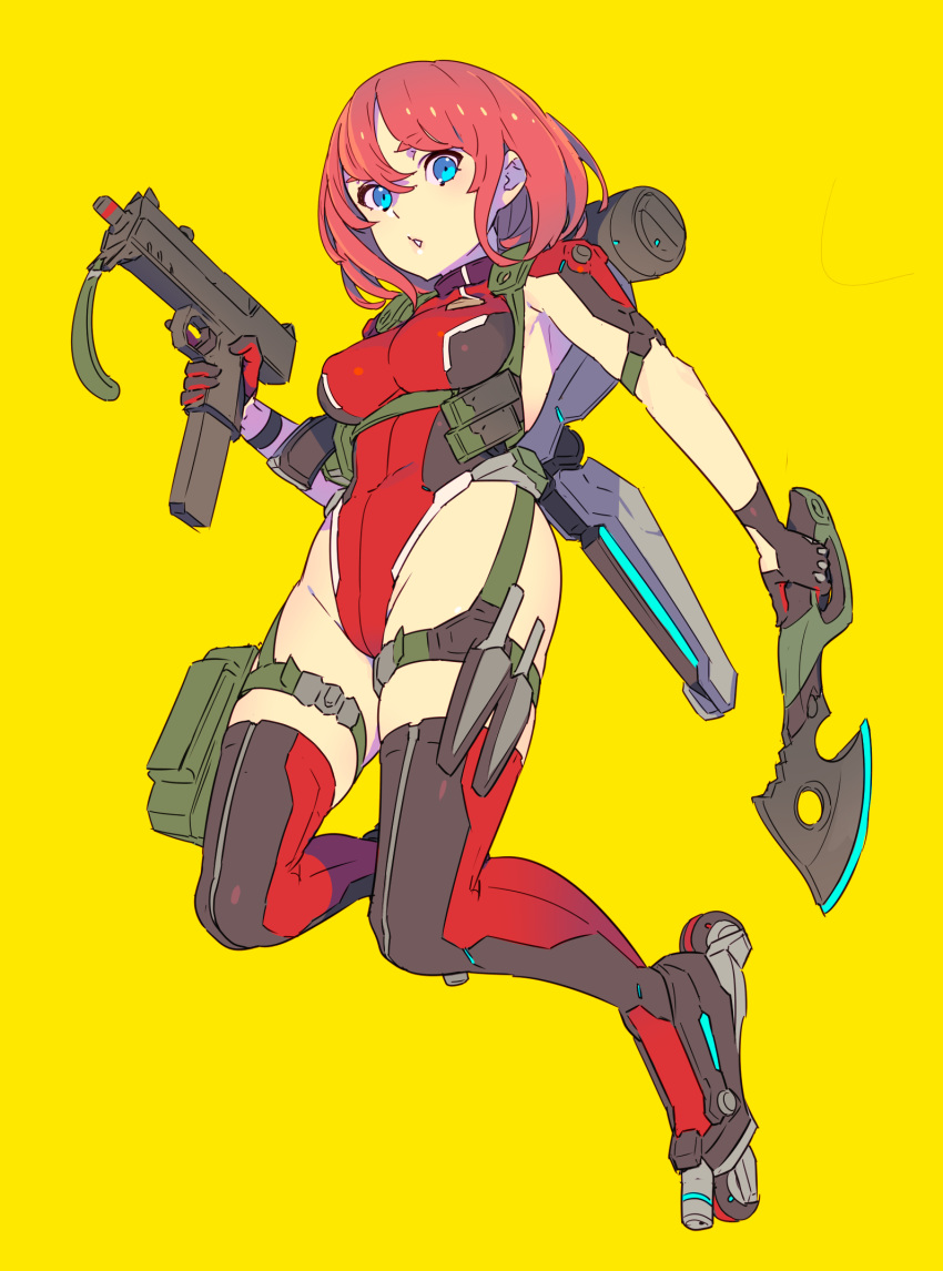 asymmetrical_dual_wielding axe backpack bag blue_eyes breasts commentary_request dual_wielding enkyo_yuuichirou female full_body gun hair_between_eyes hand_up highres holding holding_axe holding_gun holding_weapon holster knife layla_(character) layla_(game) leotard looking_at_viewer mecha_musume medium_breasts multiple_weapons parted_lips red_hair red_leotard red_thighhighs science_fiction simple_background solo thick_eyebrows thigh_holster thigh_strap thighhighs thighs trigger_discipline turtleneck weapon yellow_background