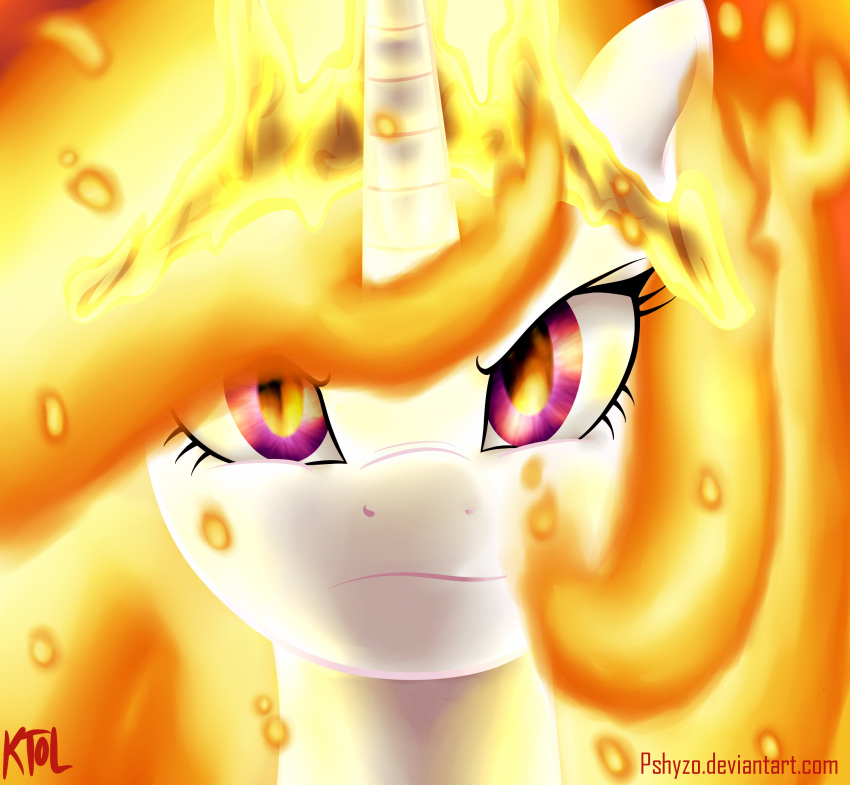 2014 absurd_res angry bright_light equid equine eyelashes female feral fire fire_in_eyes flaming_background flaming_hair friendship_is_magic hasbro headshot_portrait hi_res horn looking_at_viewer mammal monotone_body monotone_face monotone_horn monotone_neck mouth_closed my_little_pony mythological_creature mythological_equine mythology portrait princess_celestia_(mlp) pseudo_hair pshyzo purple_eyes serious signature solo text unicorn unicorn_horn url white_body white_face white_horn white_neck