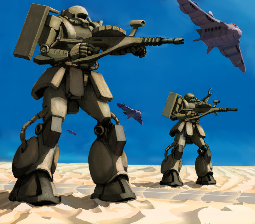 desert gaw_(gundam) gradient gradient_background gun gundam mecha mobile_suit_gundam sand weapon zaku zaku_ii