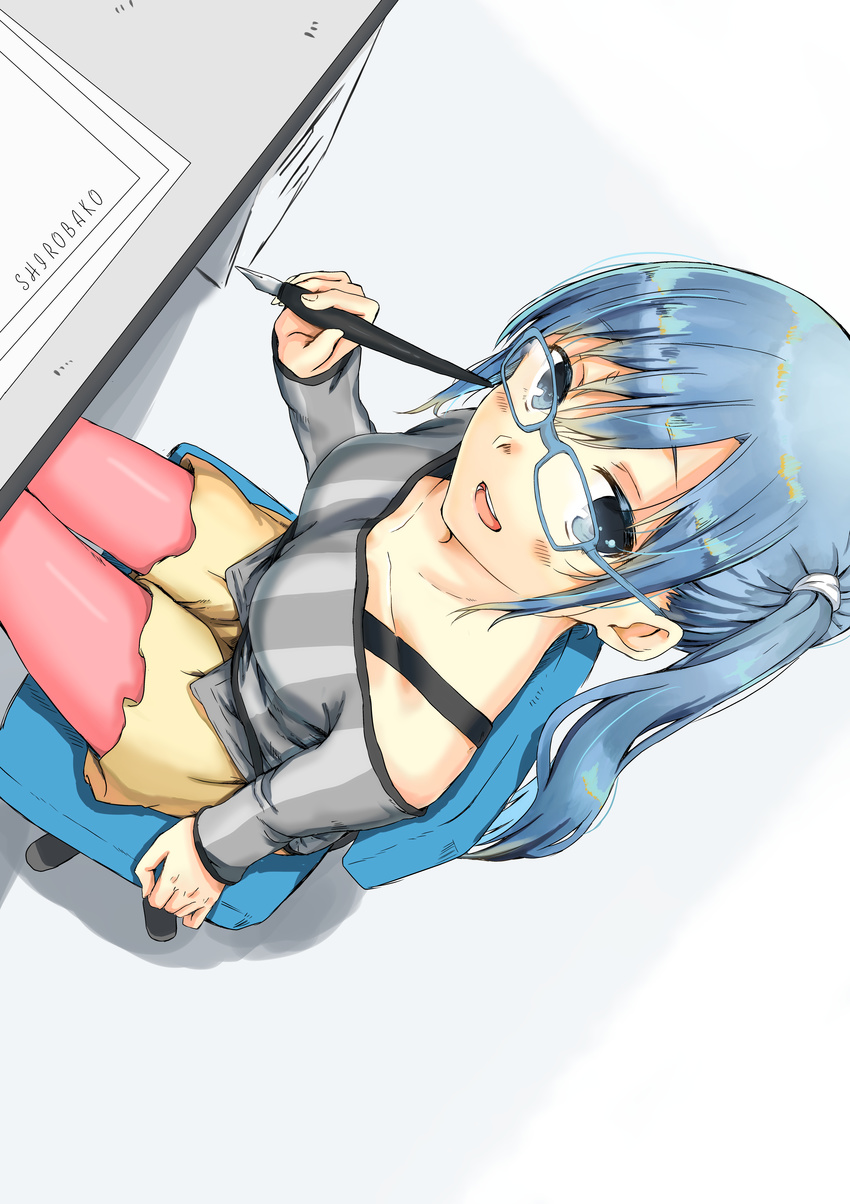 absurdres blue_eyes blue_hair breasts commentary_request female glasses highres imai_midori long_hair looking_up medium_breasts open_mouth ota_tamashi pantyhose pen shirobako side_ponytail smile solo