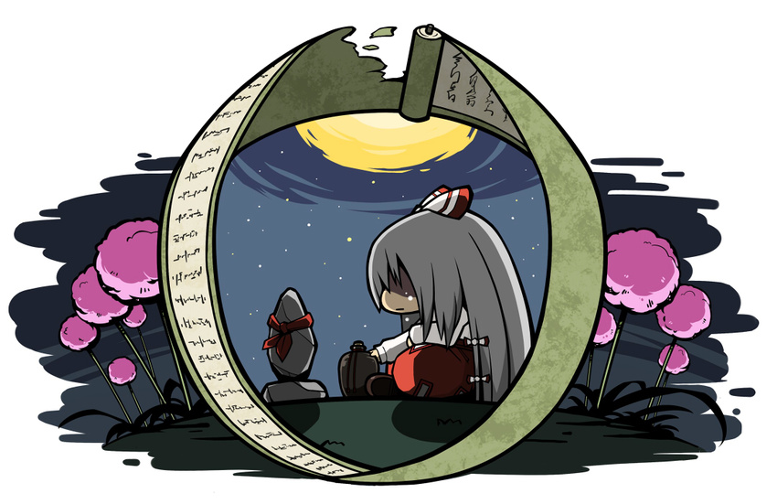 alcohol allium_(flower) bow commentary_request crying female flower fujiwara_no_mokou grass grave grey_hair hairbow long_hair maguro_(mawaru_sushi) mobius_strip moon night pink_flower ribbon sake scroll sitting solo star_(symbol) symbolism tears tombstone touhou