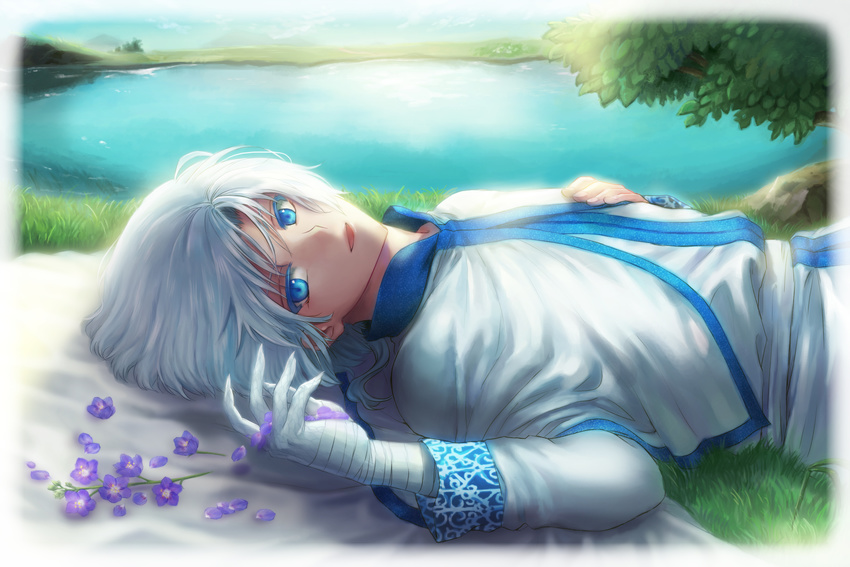 1boy akatsuki_no_yona bandaged_arm bandages blue_eyes check_flower commentary_request day flower flower_request grass highres kija_(akatsuki_no_yona) kumanoe larkspur_(flower) looking_at_viewer lying male_focus on_back outdoors parted_lips photoshop_(medium) purple_flower scales short_hair_with_long_locks solo water white_hair