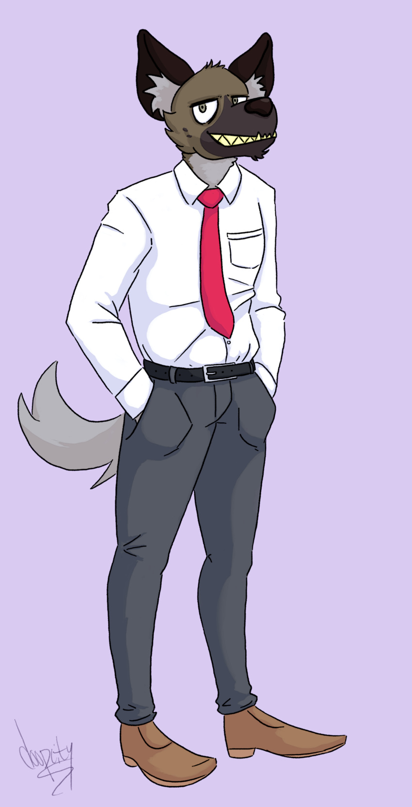 absurd_res aggretsuko anthro avoid_posting bottomwear clothed clothing doopcity dress_shirt fully_clothed grey_bottomwear grey_clothing grey_pants haida_(aggretsuko) hi_res hyena mammal necktie pants purple_background sanrio shirt simple_background slacks solo topwear white_clothing white_shirt white_topwear