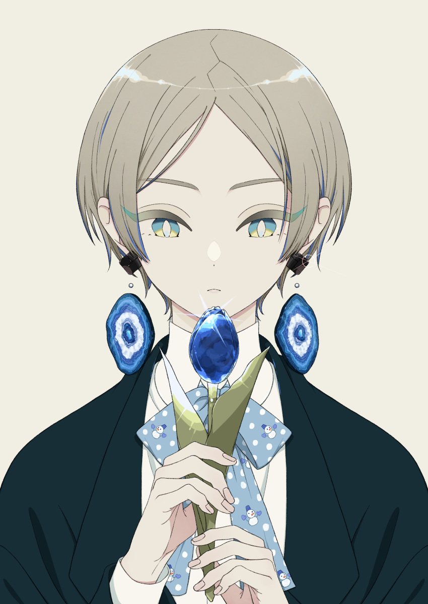 absurdres artificial_flower bad_id bad_pixiv_id blue_bow blue_bowtie blue_eyes blue_flower blue_menouu blue_tulip bob_cut bow bowtie collared_shirt commentary crystal_flower earrings female flower geode grey_background hands_up highres holding holding_flower jewelry leaf long_sleeves original polka_dot polka_dot_bow print_bow print_bowtie shirt short_hair simple_background snowman_print solo symbol-only_commentary tulip upper_body white_shirt