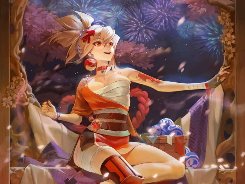 :d arm_tattoo bandaged_arm bandaged_leg bandages bare_shoulders black_gloves blonde_hair breasts cherry_blossoms chest_sarashi chest_tattoo choker cleavage commentary damiaodi earrings feet_out_of_frame female fingerless_gloves fingernails fireworks fish_hair_ornament genshin_impact gloves hadanugi_dousa hair_between_eyes hair_ornament happy highres jewelry obi open_mouth red_choker red_eyes rope sarashi sash shimenawa short_hair single_fingerless_glove single_glove sitting smile solo strapless tattoo thighs tube_top vision_(genshin_impact) yoimiya_(genshin_impact)