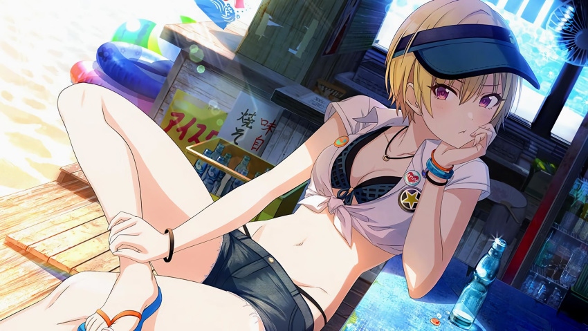 badge bikini bikini_under_clothes blonde_hair blue_bikini bracelet breasts button_badge commentary_request female flip-flops front-tie_bikini_top front-tie_top game_cg highres idolmaster idolmaster_shiny_colors jewelry md5_mismatch medium_breasts necklace official_art purple_eyes resized ring ring_necklace saijo_juri sandals shirt short_hair shorts solo swimsuit third-party_source tomari_(veryberry00) upscaled visor_cap white_shirt