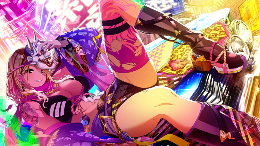 animal_print belt bikini bikini_top_only black_eyes blonde_hair breasts brown_hair chevrolet_impala commentary_request earrings female game_cg gradient_hair gyaru highres idolmaster idolmaster_shiny_colors izumi_mei jacket jewelry large_breasts leopard_print long_hair looking_at_viewer lying mask md5_mismatch multicolored_hair nail_polish necklace neon_lights noh_mask off_shoulder official_art on_back on_vehicle oni_mask outdoors resized scarf shide short_shorts shorts single_thighhigh smile solo swimsuit tan tattoo thigh_strap thighhighs thighs third-party_source tomari_(veryberry00) torn_clothes torn_thighhighs upscaled yin_yang