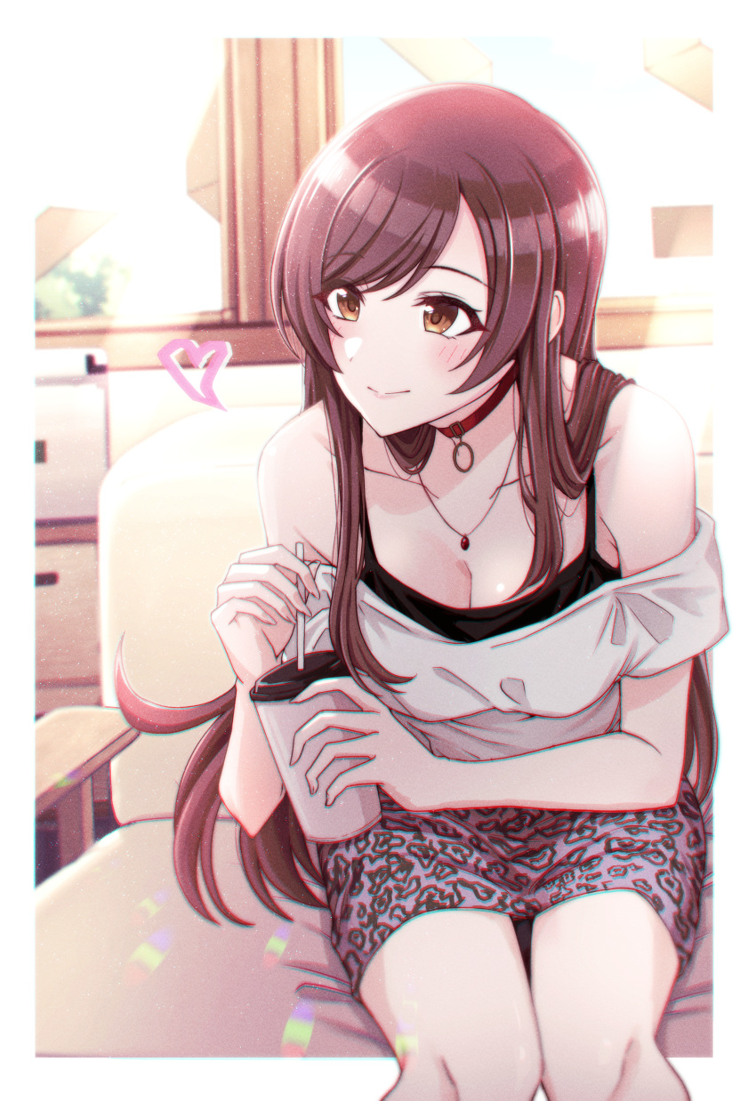 absurdres animal_print bare_shoulders bendy_straw blush breasts choker cleavage closed_mouth collarbone cup disposable_cup drink drinking_straw female highres holding holding_cup holding_drink idolmaster idolmaster_shiny_colors indoors jewelry kusaka_io leaning_forward leopard_print long_hair medium_breasts necklace o-ring o-ring_choker osaki_amana pink_skirt red_choker red_hair shirt sitting skirt smile solo swept_bangs white_shirt yellow_eyes