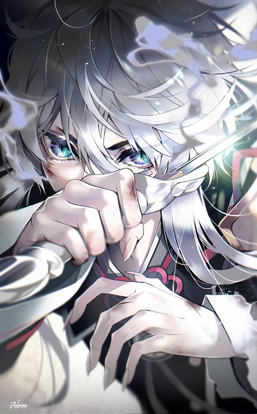 1boy abin_(cardinalhyuga_s) aqua_eyes artist_name blood blood_on_face blood_on_hands blurry covered_mouth cuts depth_of_field fighting_stance fingernails glowing grey_hair hair_between_eyes hakusan_yoshimitsu hands_up highres holding holding_sword holding_weapon injury japanese_clothes light_particles long_fingernails long_hair long_sleeves looking_at_viewer multicolored_eyes purple_eyes sharp_fingernails sidelocks slit_pupils solo sword sword_in_front_of_face touken_ranbu weapon