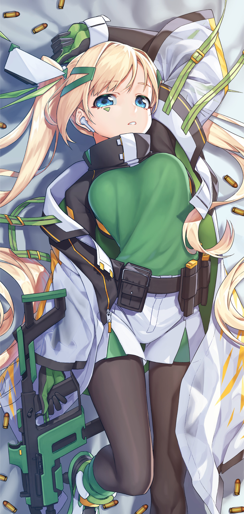 absurdres ammunition ammunition_pouch belt belt_pouch black_belt black_gloves black_pantyhose blonde_hair blue_eyes breasts dakimakura_(medium) earphones facial_mark female foot_out_of_frame foregrip from_above gloves green_footwear green_gloves green_shirt green_shorts gun hair_ornament hairclip highres holding holding_gun holding_weapon indie_virtual_youtuber jacket kriss_vector long_hair looking_at_viewer lying magazine_(weapon) medium_breasts multicolored_footwear neko7 off_shoulder on_back open_clothes open_jacket optical_sight pantyhose pantyhose_under_shorts parted_lips pouch ruroro shirt short_shorts shorts shrug_(clothing) solo submachine_gun taut_clothes taut_shirt triangle trigger_discipline twintails two-tone_gloves two-tone_shorts unzipped utility_belt vertical_foregrip very_long_hair virtual_youtuber weapon white_jacket white_shorts zipper