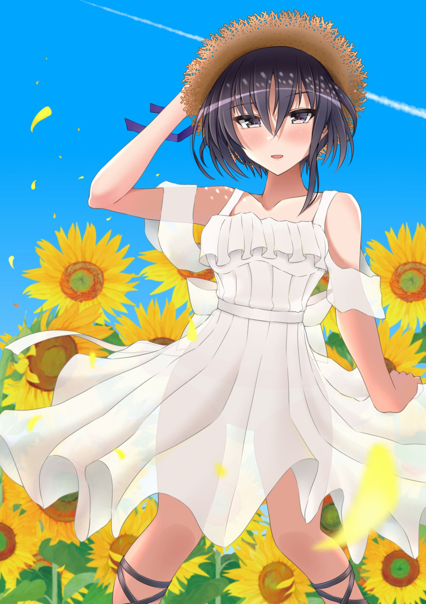 absurdres alternate_costume asymmetrical_hair black_hair blue_sky breasts brown_eyes cloud collarbone commentary cowboy_shot day dress female flower hair_between_eyes hand_on_headwear hat highres i-13_(kancolle) kantai_collection open_mouth otobi outdoors panties see-through short_hair sky small_breasts smile solo straw_hat sun_hat sundress sunflower underwear white_dress white_panties