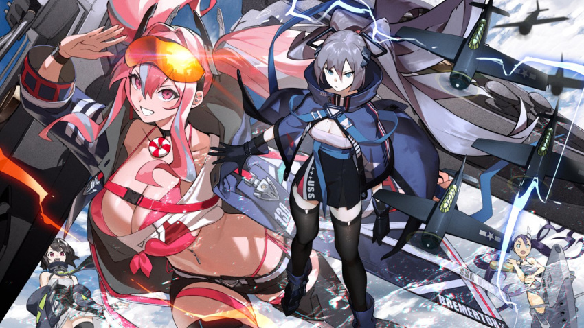 4girls azur_lane black_hair blue_eyes blue_hair bluegill_(azur_lane) breasts bremerton_(azur_lane) choker cleavage commentary_request cooper_(azur_lane) dark-skinned_female dark_skin dress eyewear_on_head glasses huge_breasts intrepid_(azur_lane) large_breasts long_hair multiple_girls naji_yanagida navel navel_piercing official_art piercing red_eyes red_hair shorts thighhighs twintails