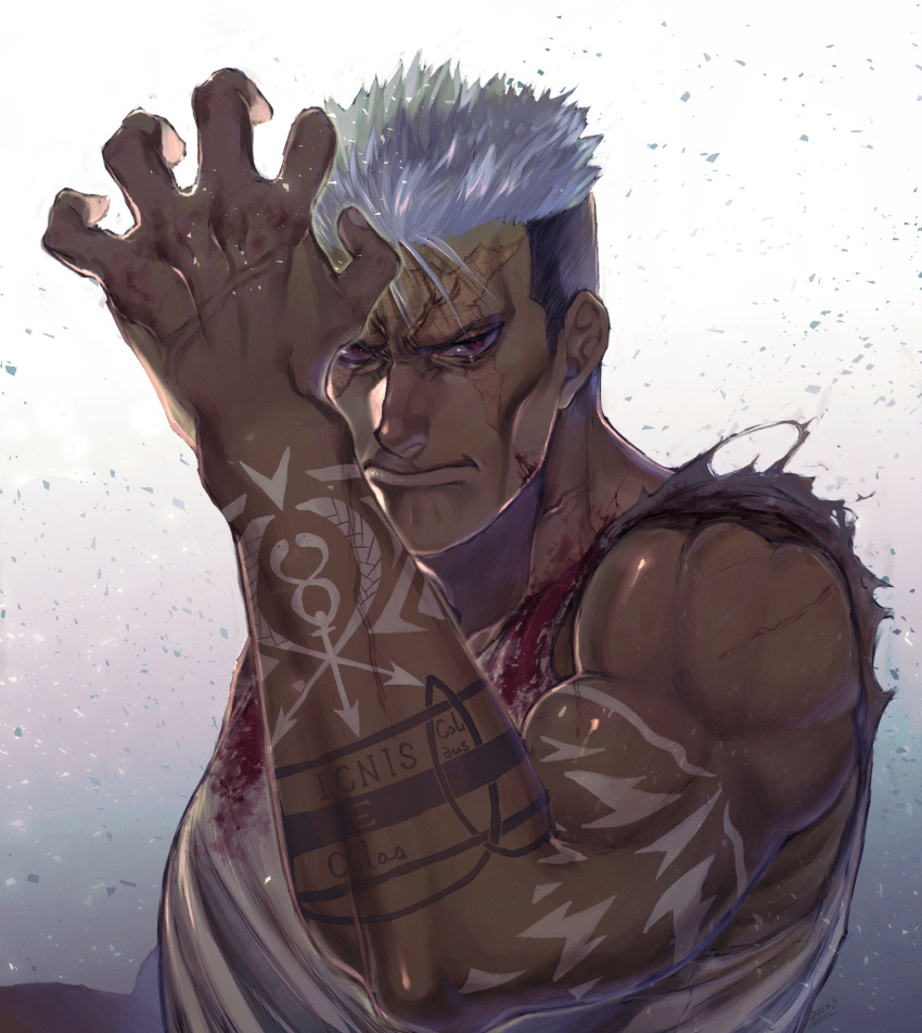 1boy arm_tattoo arm_up biceps blood blood_on_clothes closed_mouth cross_scar dark-skinned_male dark_skin fullmetal_alchemist gradient_background grey_shirt highres looking_at_viewer male_focus muscular muscular_male muyukikiyoshi11521 open_hand red_eyes scar scar_(fma) scar_on_face shirt short_hair sleeveless solo tattoo upper_body white_background white_hair