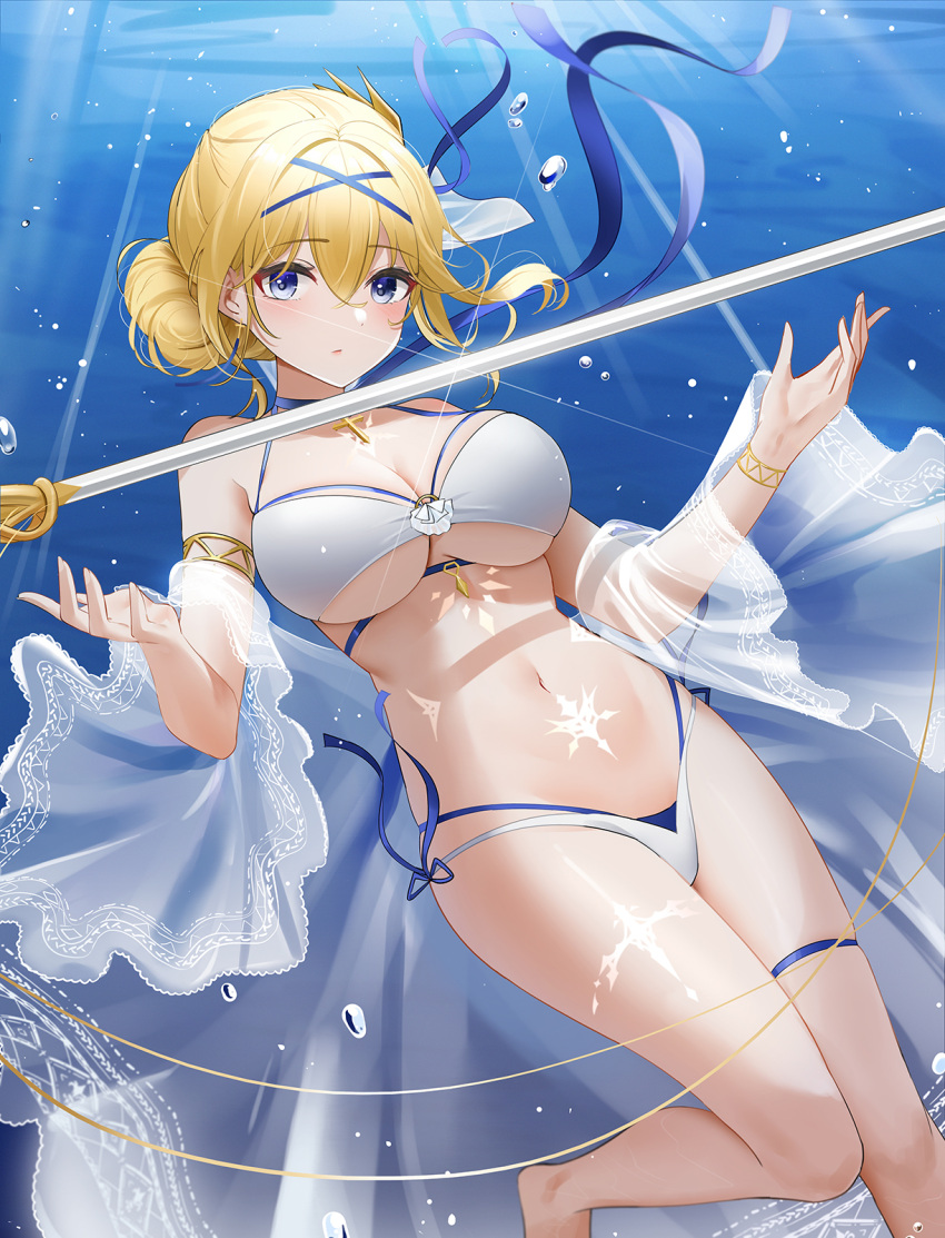 :/ air_bubble armlet azur_lane bare_legs bare_shoulders bikini blonde_hair blue_bikini blue_choker blue_eyes blue_hairband blue_ribbon blush body_markings bracelet bracer breasts bubble chest_tattoo choker cleavage closed_mouth cross cross_choker cross_earrings cross_necklace crossed_bangs dot_nose earrings feet_out_of_frame female floating floating_object front-tie_top glowing_tattoo hair_between_eyes hair_bun hair_intakes hair_ribbon hairband halterneck hands_up highres jeanne_d'arc_(azur_lane) jeanne_d'arc_(saintess_of_the_sea)_(azur_lane) jewelry large_breasts layered_bikini leg_tattoo light_rays looking_at_viewer multi-strapped_bikini navel necklace official_alternate_costume open_clothes qing_wu rapier ribbon see-through side-tie_bikini_bottom sidelocks single_hair_bun skindentation solo stomach stomach_tattoo swimsuit sword tattoo thigh_strap thighs two-tone_bikini underboob underwater water_drop weapon white_bikini wide_sleeves