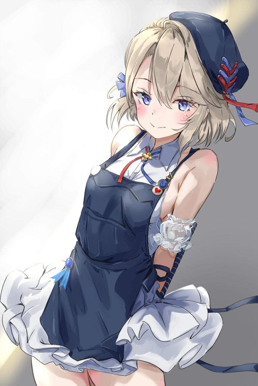 apron armpit_crease arms_behind_back azur_lane badge bare_shoulders beret blonde_hair blue_eyes blue_hat breasts button_badge buttons closed_mouth collared_dress commentary dress female frilled_dress frills hair_between_eyes hat highres looking_at_viewer official_alternate_costume sankyo_(821-scoville) sideboob sidelocks sleeveless sleeveless_dress small_breasts smile solo standing white_dress z23_(azur_lane) z23_(the_eyecatch_in_the_rye?)_(azur_lane)